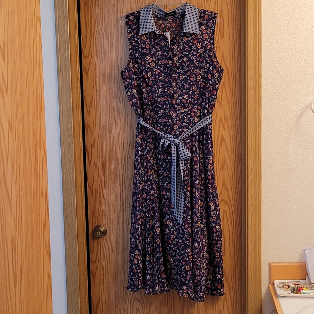 Liza Luxe Collared Navy Blue/Plaid Midi Dress